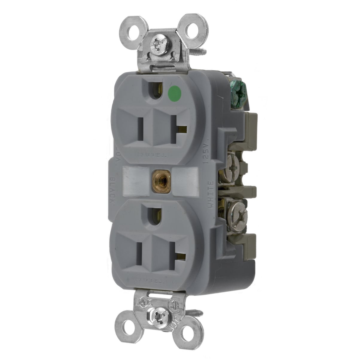HBL8300GY 1-Phase Duplex Extra Heavy Duty Self-Grounding Standard Traditional Screw Mount Straight Blade Receptacle, 125 V AC, 20 A, 2 Poles, 3 Wires, Gray