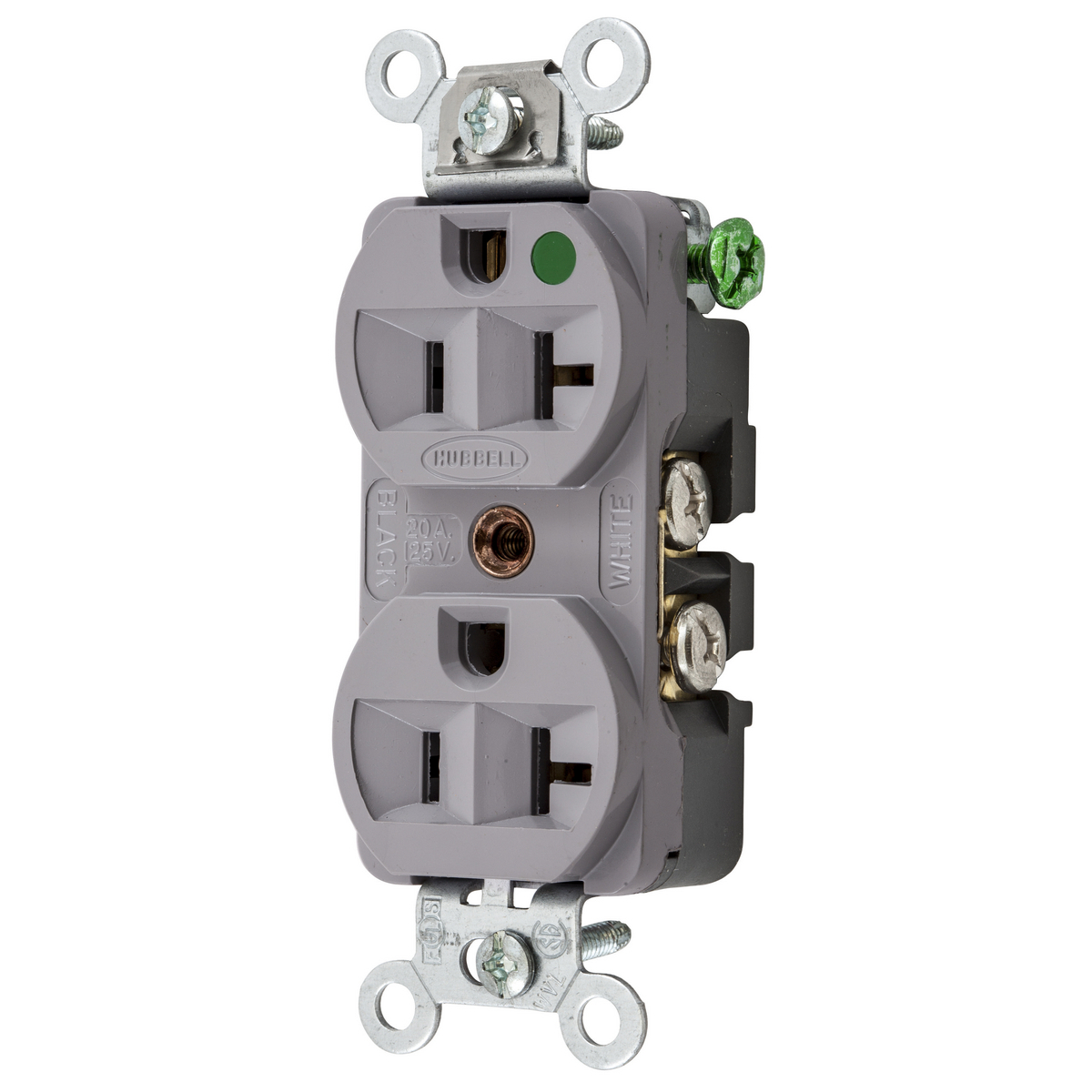 HBL8300HG 1-Phase Duplex Grounding Slender/Compact Screw Mount Straight Blade Receptacle, 125 V AC, 20 A, 2 Poles, 3 Wires, Gray