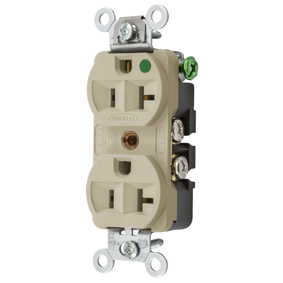 HBL8300HI 1-Phase Duplex Extra Heavy Duty Self-Grounding Traditional Screw Mount Straight Blade Receptacle, 125 V AC, 20 A, 2 Poles, 3 Wires, Ivory