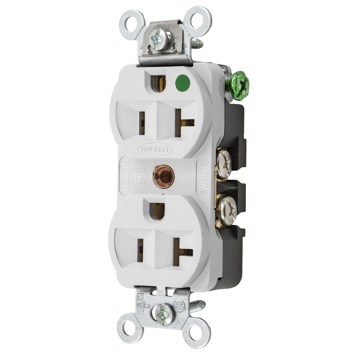 HBL8300HW HBL 1-Phase Duplex Extra Heavy Duty Self-Grounding Traditional Screw Mount Straight Blade Receptacle, 125 V AC, 20 A, 2 Poles, 3 Wires, White