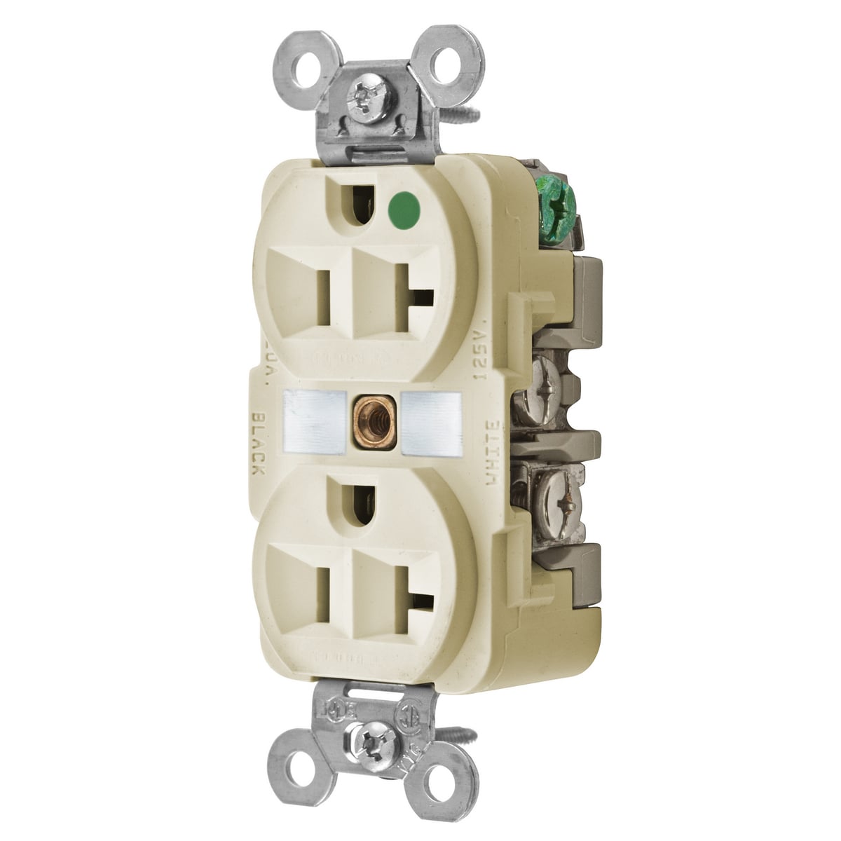 HBL8300I HBL 1-Phase Duplex Extra Heavy Duty Self-Grounding Standard Traditional Screw Mount Straight Blade Receptacle, 125 V AC, 20 A, 2 Poles, 3 Wires, Ivory
