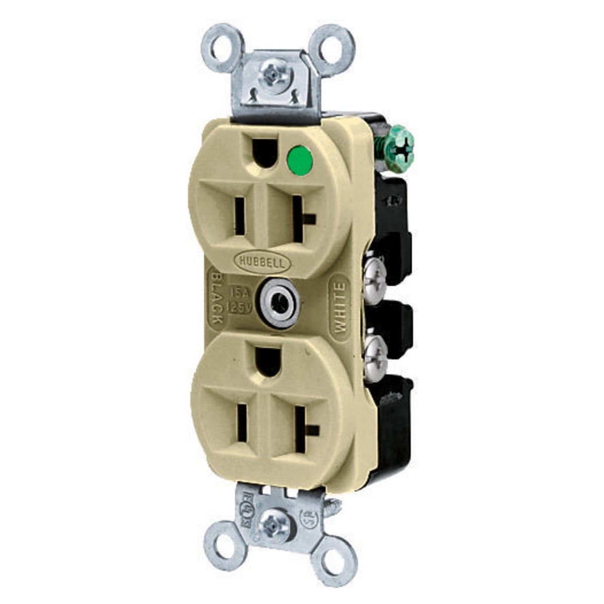 HBL8300ILI 1-Phase Duplex Extra Heavy Duty Standard Traditional Screw Mount Straight Blade Receptacle, 125 V AC, 20 A, 2 Poles, 3 Wires, Ivory