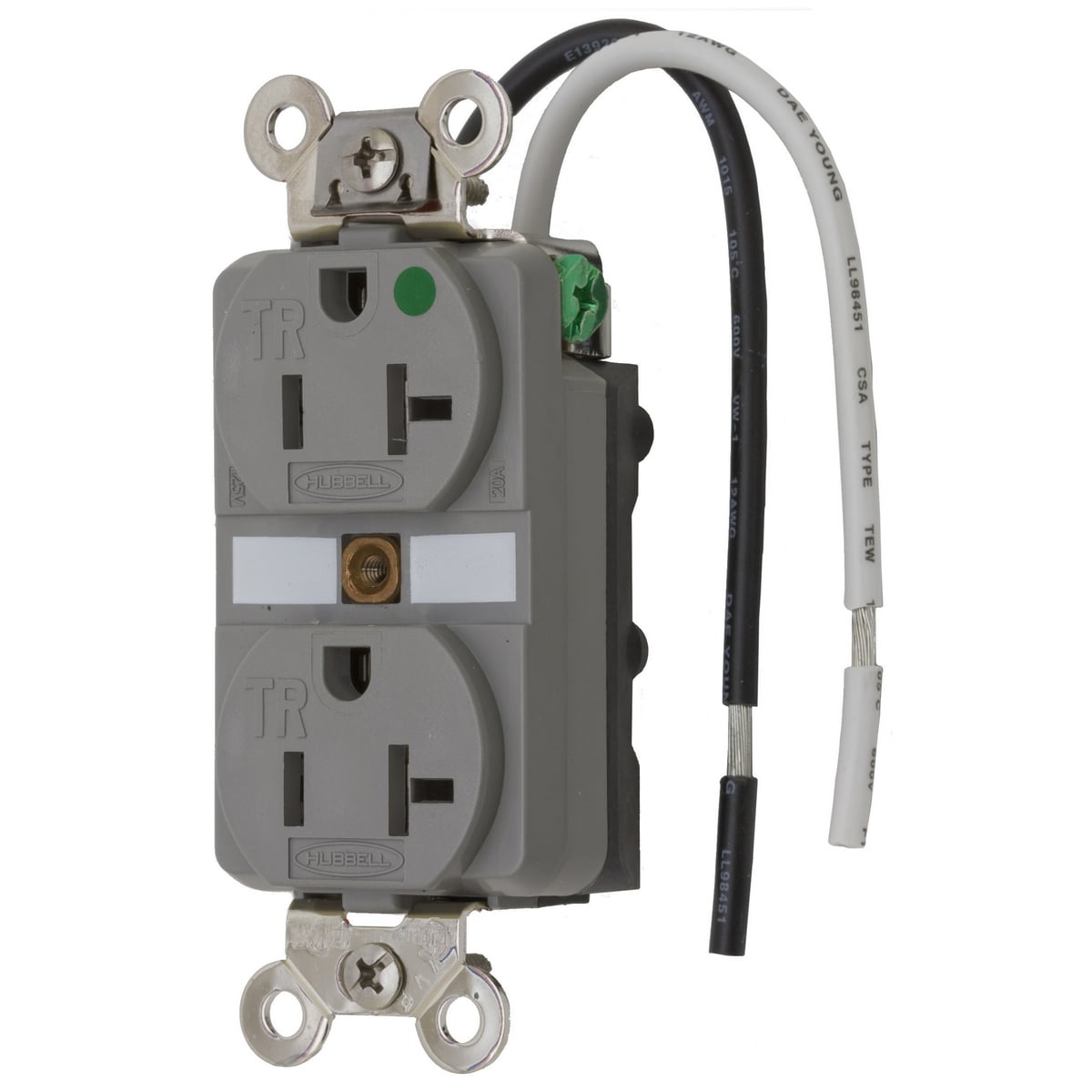 HBL8300SGGYA 1-Phase Duplex Extra Heavy Duty Standard Tamper-Resistant Traditional Screw Mount Straight Blade Receptacle, 125 V AC, 20 A, 2 Poles, 3 Wires, Gray
