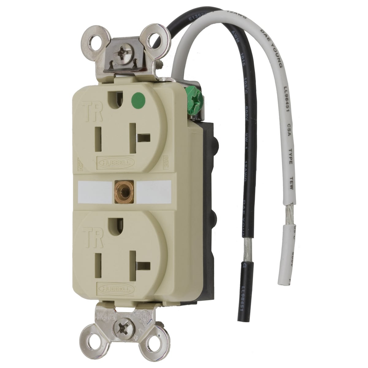 HBL8300SGIA HBL 1-Phase Duplex Extra Heavy Duty Standard Tamper-Resistant Traditional Screw Mount Straight Blade Receptacle, 125 V AC, 20 A, 2 Poles, 3 Wires, Ivory