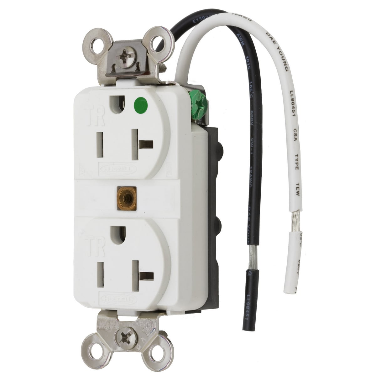 HBL8300SGWA 1-Phase Duplex Extra Heavy Duty Standard Tamper-Resistant Traditional Screw Mount Straight Blade Receptacle, 125 V AC, 20 A, 2 Poles, 3 Wires, White