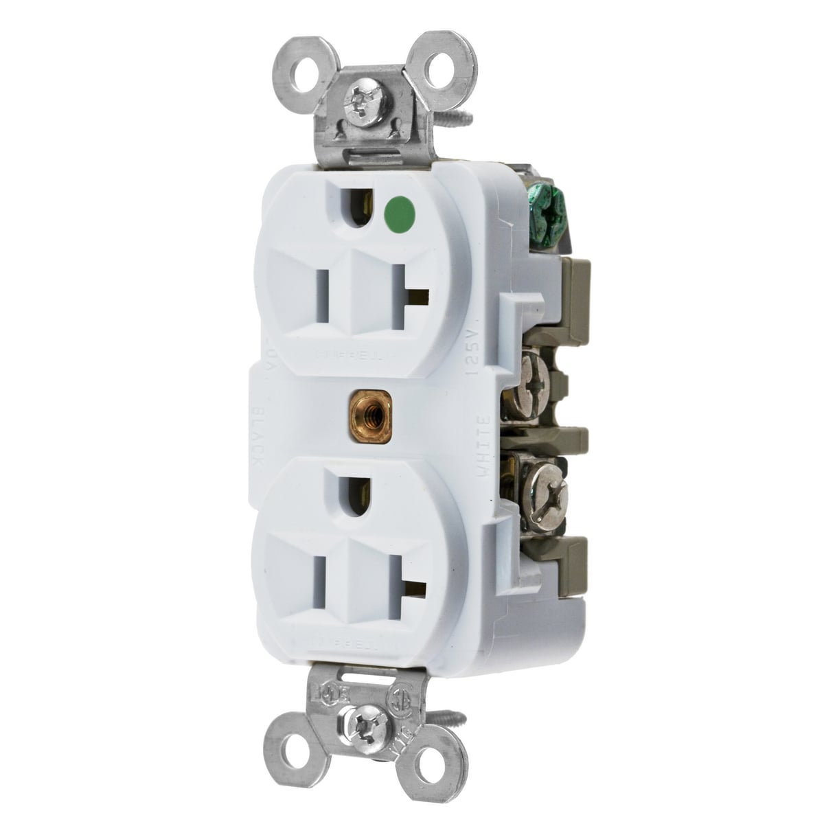 HBL8300W 1-Phase Duplex Extra Heavy Duty Self-Grounding Screw Mount Straight Blade Receptacle, 125 V AC, 20 A, 2 Poles, 3 Wires, White