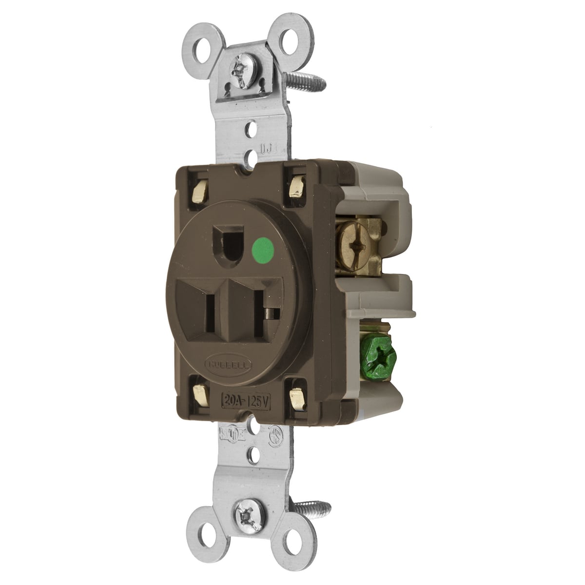 HBL8310 1-Phase Extra Heavy Duty Single Self-Grounding Standard Screw Mount Straight Blade Receptacle, 125 V AC, 20 A, 2 Poles, 3 Wires, Brown