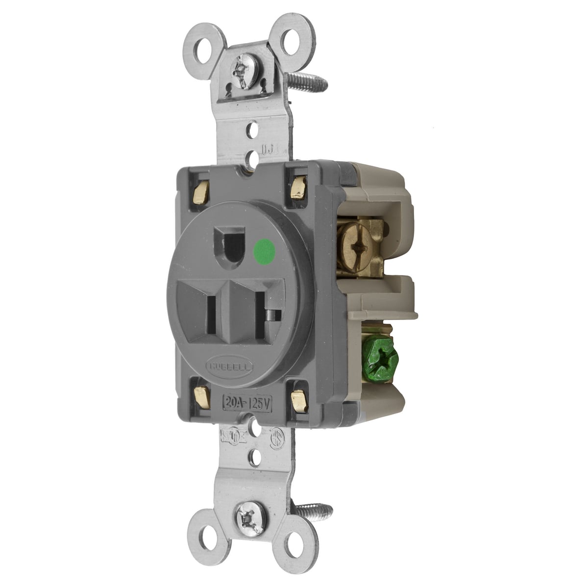 HBL8310GY 1-Phase Extra Heavy Duty Self-Grounding Single Standard Screw Mount Straight Blade Receptacle, 125 V AC, 20 A, 2 Poles, 3 Wires, Gray