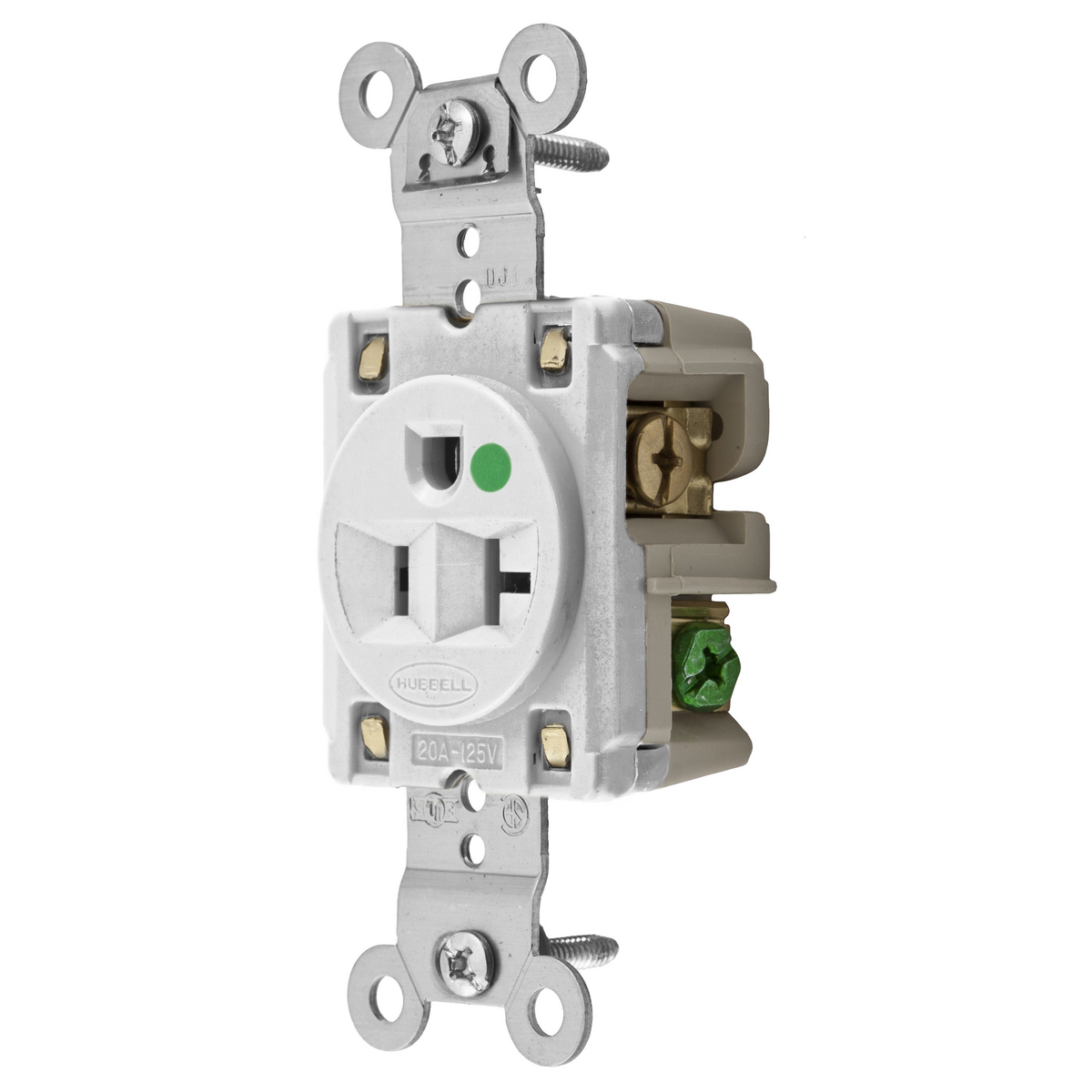 HBL8310W 1-Phase Extra Heavy Duty Self-Grounding Single Standard Screw Mount Straight Blade Receptacle, 125 V AC, 20 A, 2 Poles, 3 Wires, White