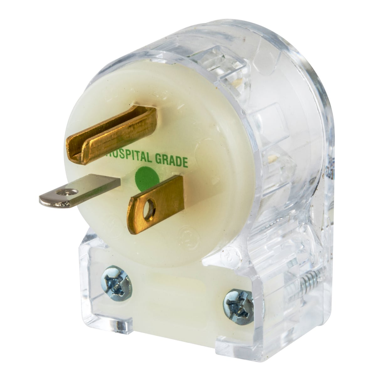 HBL8315CAT 1-Phase Angle Style Standard Grounding Cord Mount Straight Blade Plug, 125 V AC, 20 A, 2 Poles, 3 Wires, Transparent