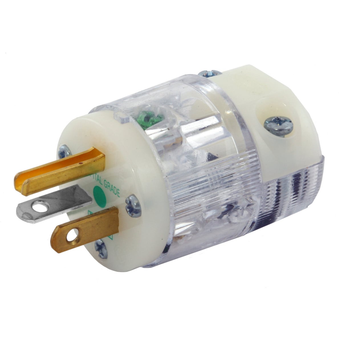 HBL8315CT 1-Phase Grounding Male Cord Mount Straight Blade Plug, 125 V AC, 20 A, 2 Poles, 3 Wires, Transparent