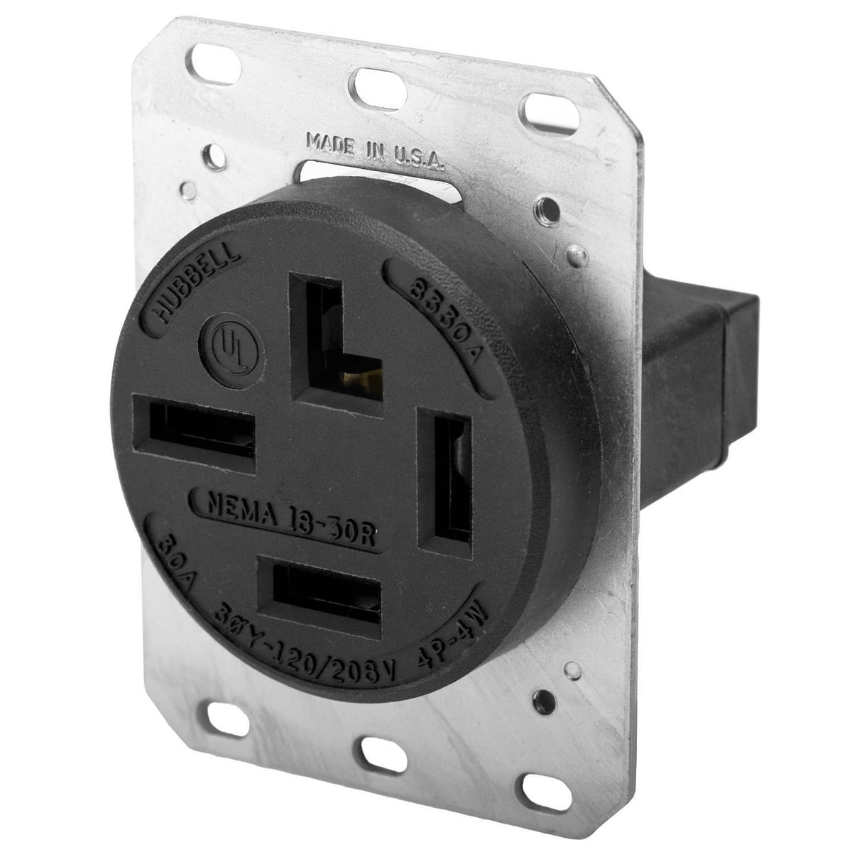HBL8330A 3-Phase Heavy Duty Non-Grounding Single Standard Screw Mount Straight Blade Receptacle, 120/208Y V AC, 30 A, 4 Poles, 4 Wires, Black