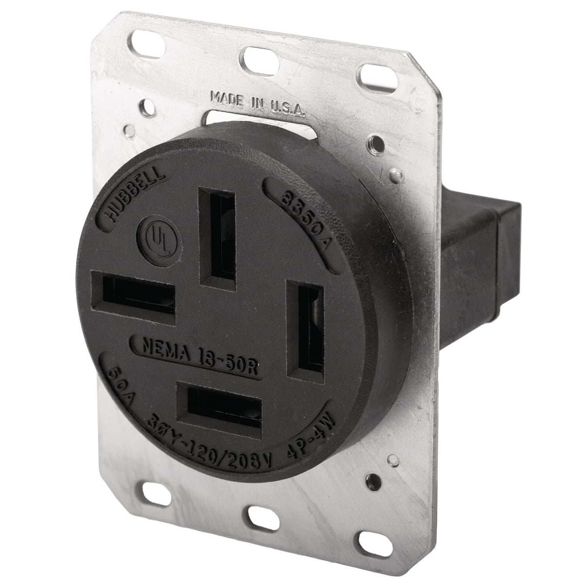 HBL8350A 3-Phase Heavy Duty Non-Grounding Single Standard Screw Mount Straight Blade Receptacle, 120/208Y V AC, 50 A, 4 Poles, 4 Wires, Black