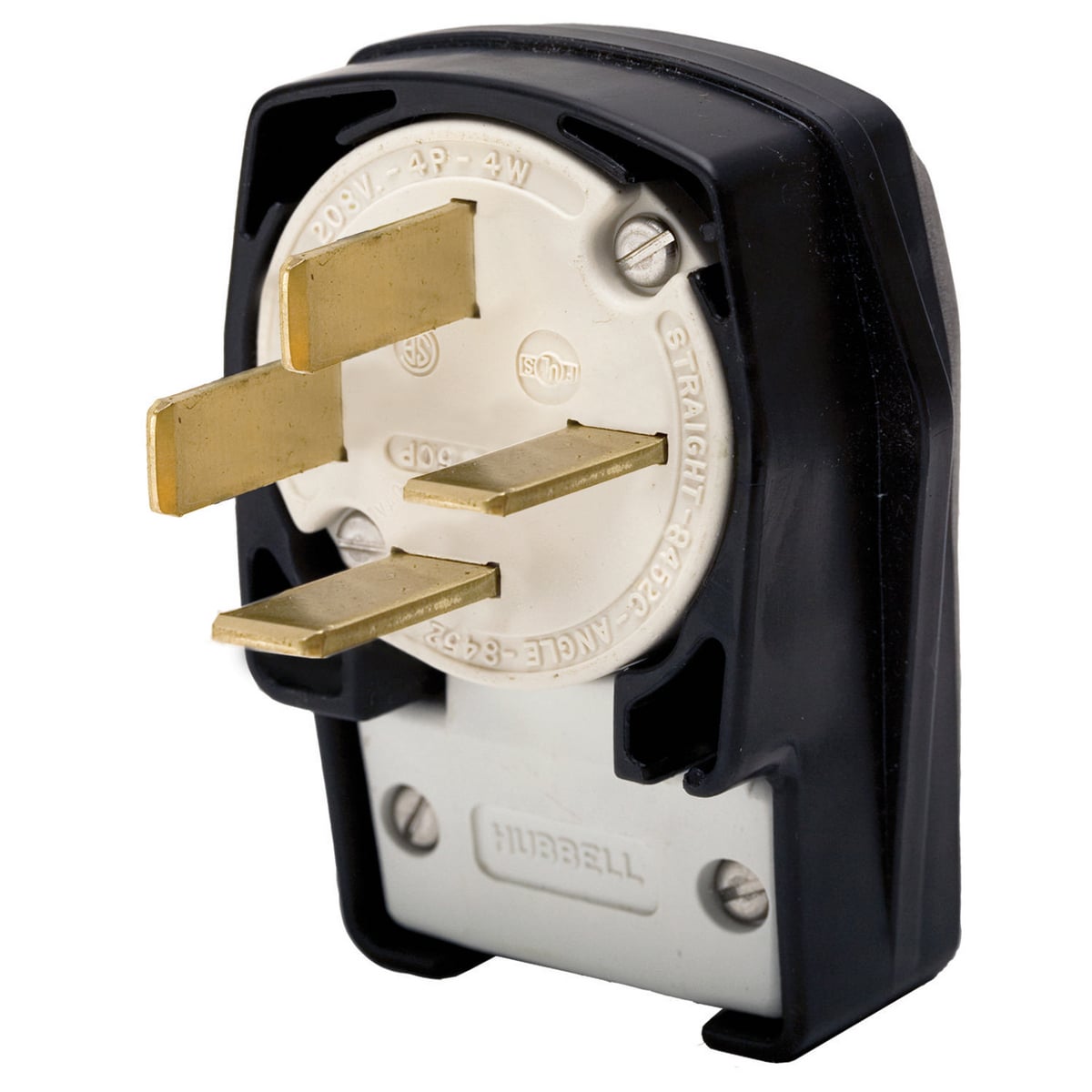 HBL8352C 3-Phase Angled Heavy Duty Non-Grounding Male Cord Mount Straight Blade Plug, 120/208 V AC, 50 A, 4 Poles, 4 Wires, Black