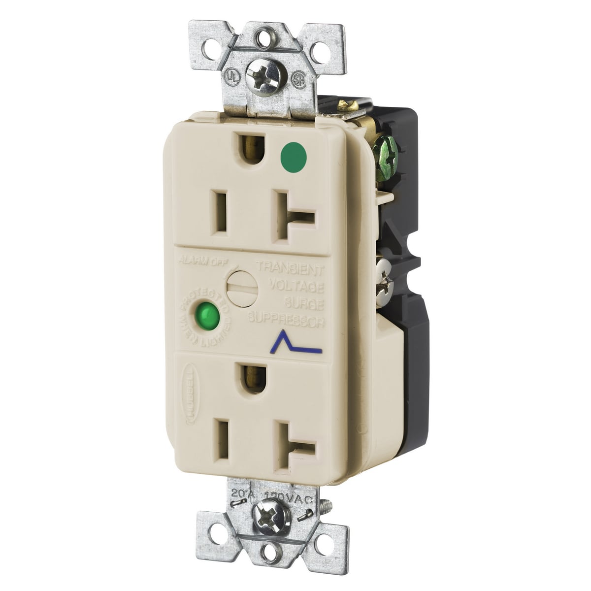 HBL8362ALSA 2-Pole 3-Wire Standard Decorator Duplex Hospital Grade Surge Suppression Receptacle With Light and Alarm, 125 VAC, 20 A, 60 Hz, 1 Phase