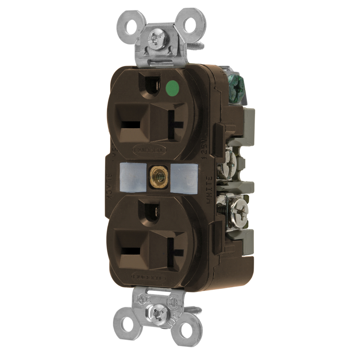 HBL8400 1-Phase Duplex Extra Self-Grounding Heavy Duty Standard Screw Mount Straight Blade Receptacle, 250 V AC, 20 A, 2 Poles, 3 Wires, Brown