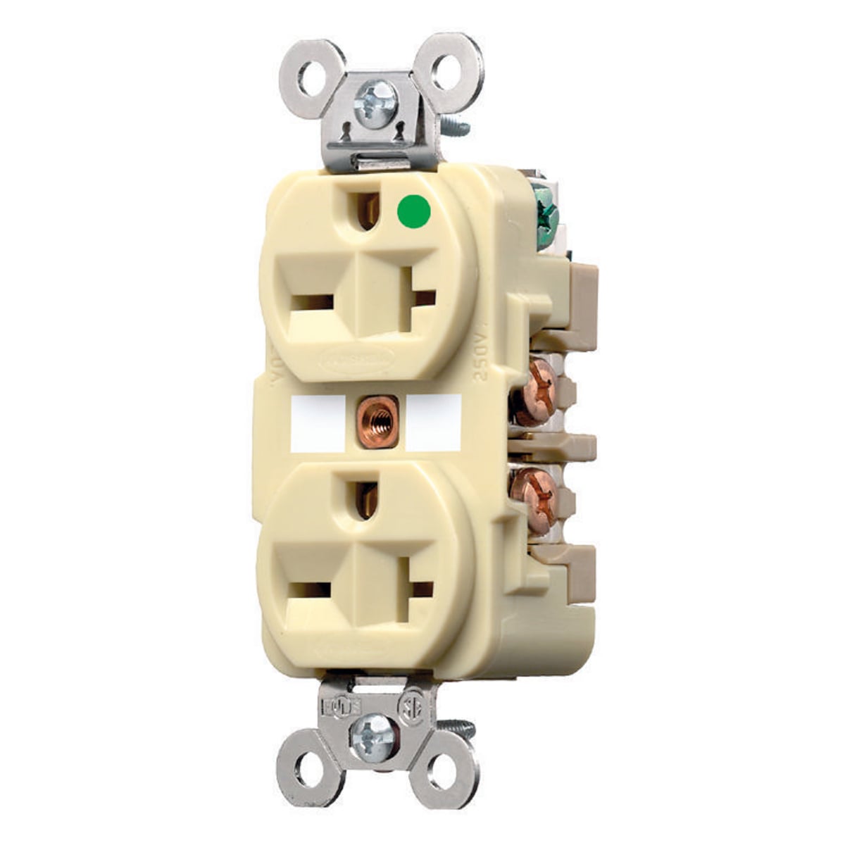 HBL8400I 1-Phase Duplex Extra Heavy Duty Self-Grounding Standard Traditional Screw Mount Straight Blade Receptacle, 250 V AC, 20 A, 2 Poles, 3 Wires, Ivory