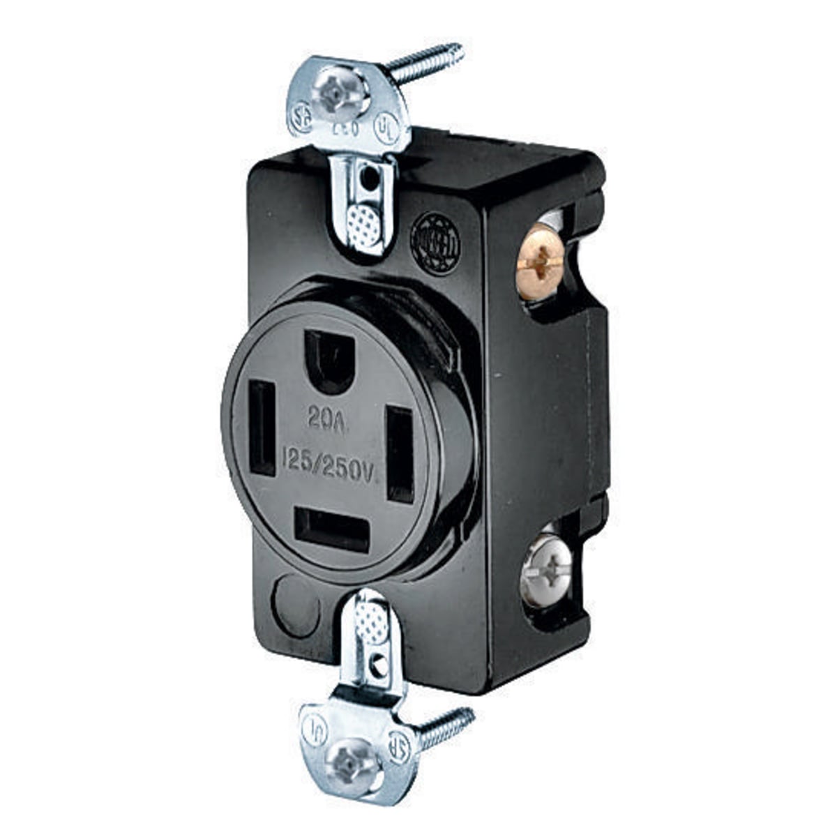 HBL8410 1-Phase Extra Heavy Duty Self-Grounding Single Standard Screw Mount Straight Blade Receptacle, 125/250 V AC, 20 A, 3 Poles, 4 Wires, Black