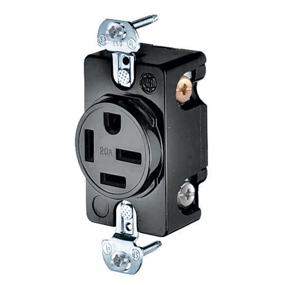 HBL8420 3-Phase Heavy Duty Non-Grounding Single Standard Screw Mount Straight Blade Receptacle, 250 V AC, 20 A, 4 Poles, 4 Wires, Black