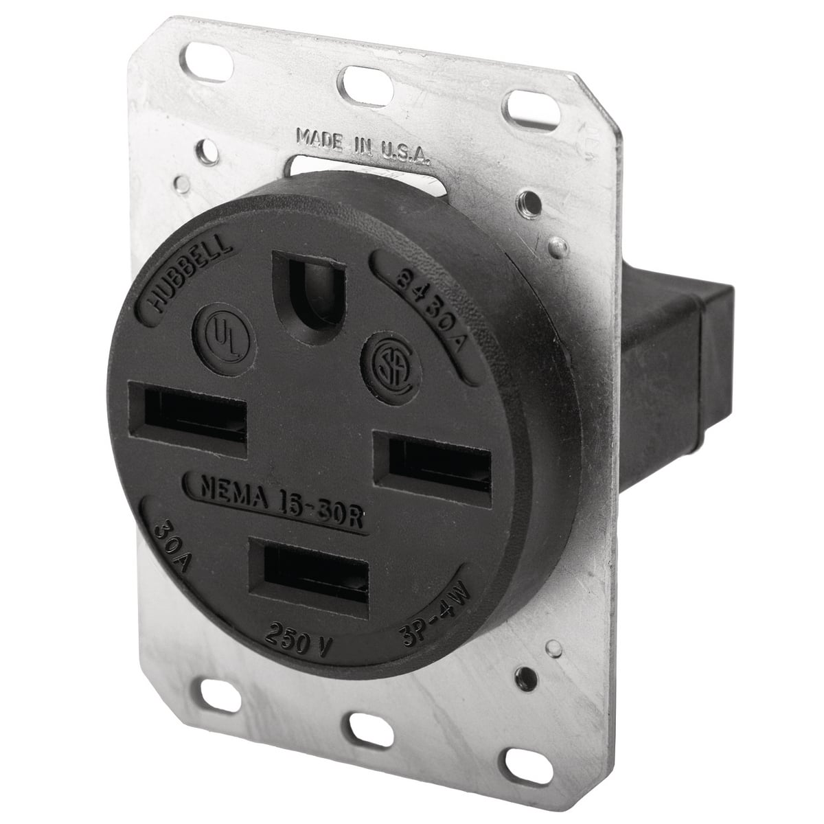 HBL8430A 3-Phase Heavy Duty Grounding Single Standard Screw Mount Straight Blade Receptacle, 250 V AC, 30 A, 3 Poles, 4 Wires, Black