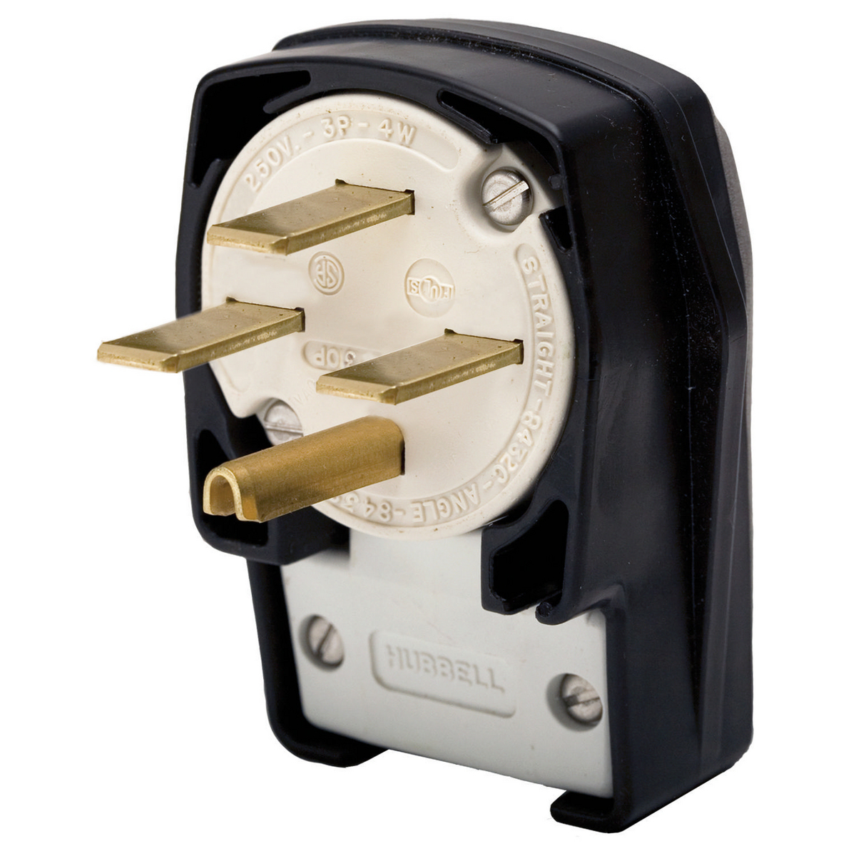 HBL8432C 3-Phase Angle Style Standard Grounding Cord Mount Straight Blade Plug, 250 V AC, 30 A, 3 Poles, 4 Wires, Black/White