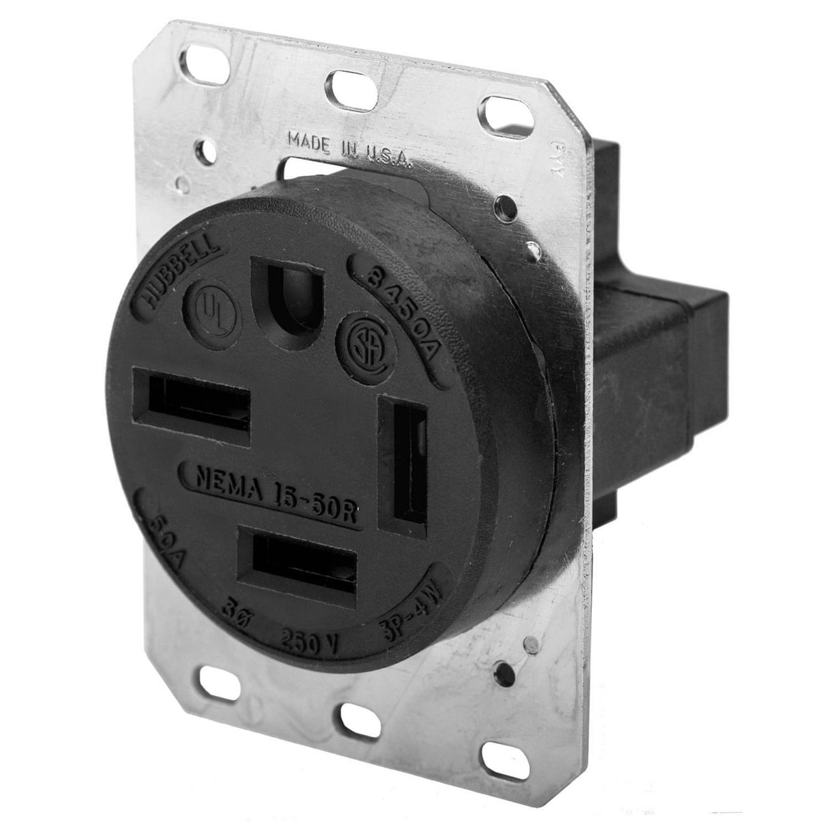 HBL8450A HBL 3-Phase Heavy Duty Single Standard Grounding Screw Mount Straight Blade Receptacle, 250 V AC, 50 A, 3 Poles, 4 Wires, Black