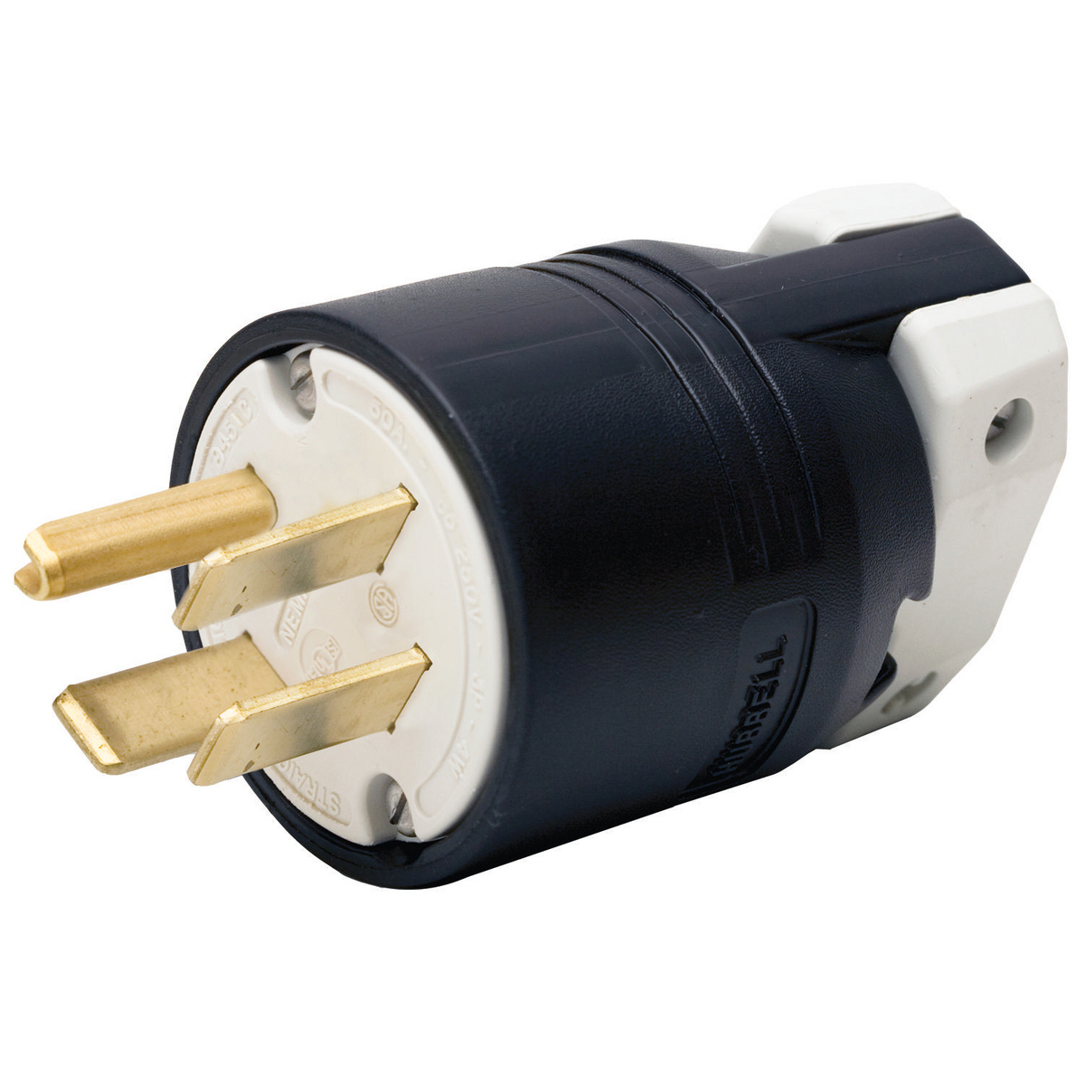 HBL8451C 3-Phase Grounding Standard Cord Mount Straight Blade Plug, 250 V AC, 50 A, 3 Poles, 4 Wires, Black/White