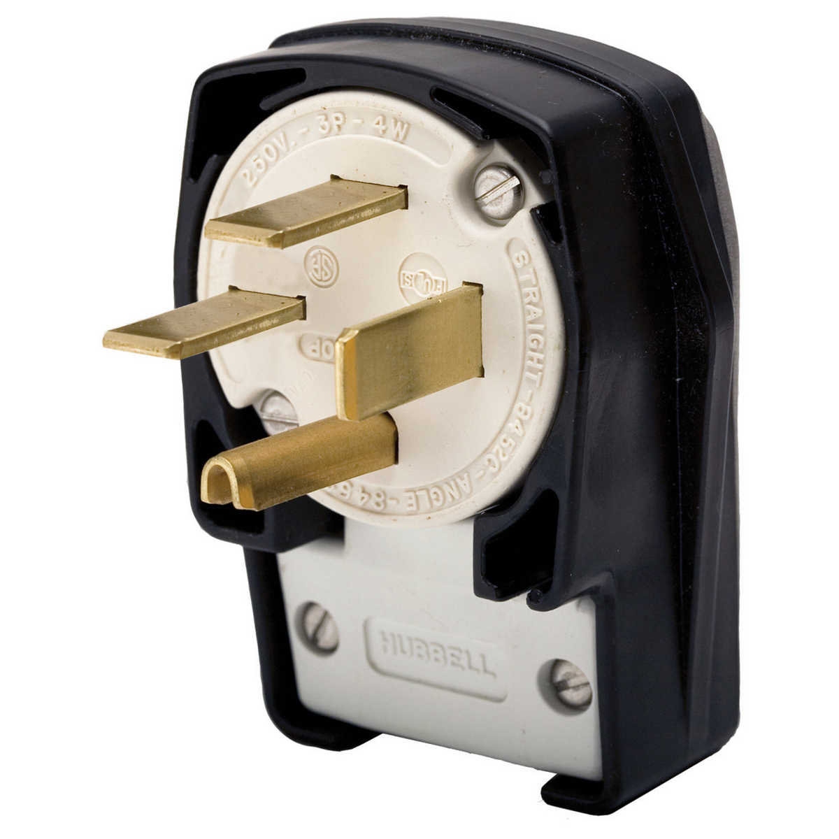 HBL8452C 3-Phase Grounding Standard Cord Mount Straight Blade Plug, 250 V AC, 50 A, 3 Poles, 4 Wires, Black/White