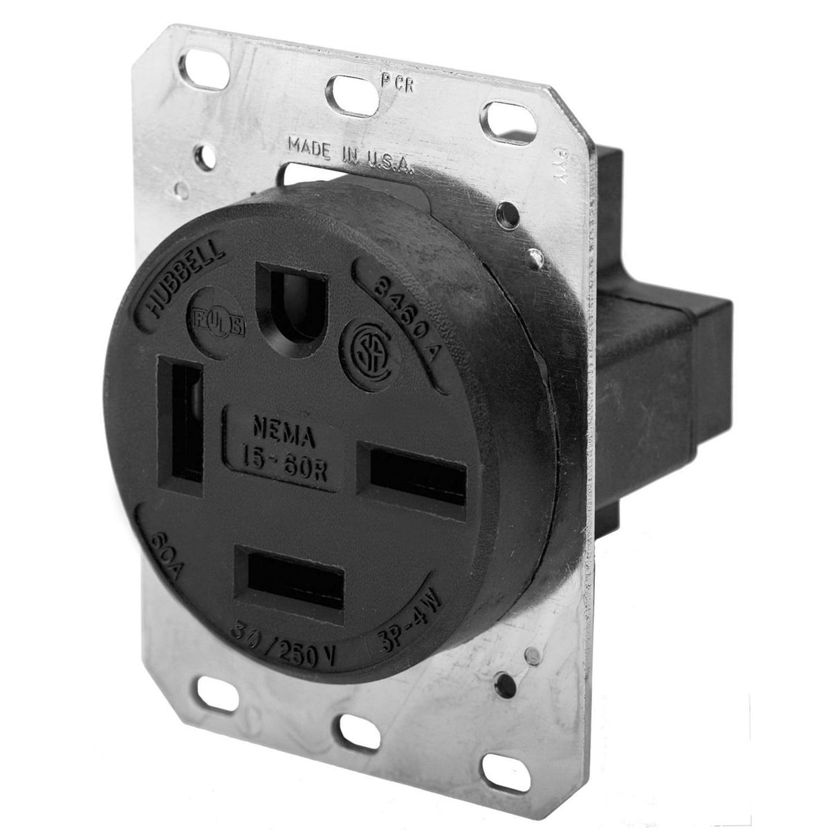 HBL8460A 3-Phase Heavy Duty Grounding Single Standard Screw Mount Straight Blade Receptacle, 250 V AC, 60 A, 3 Poles, 4 Wires, Black