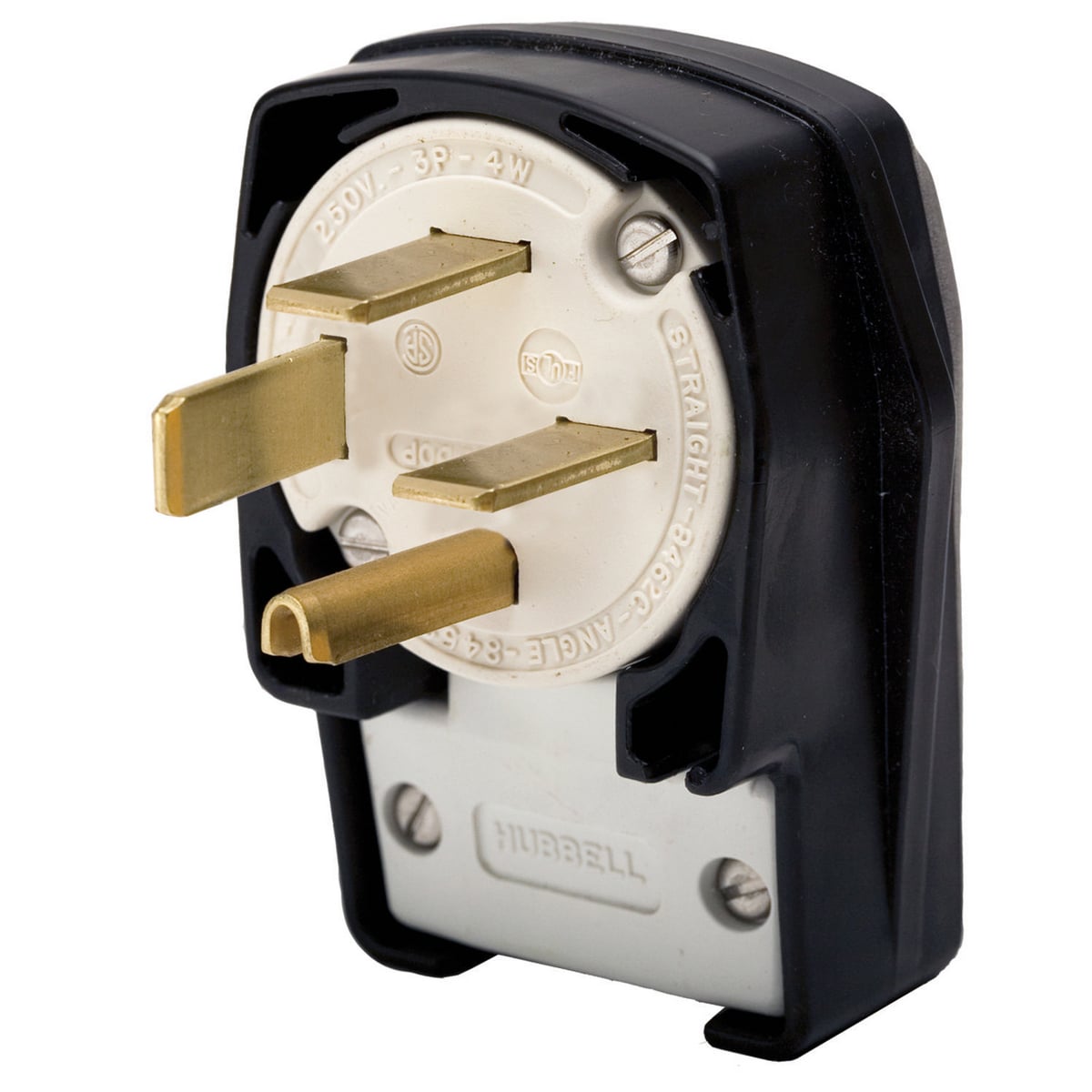HBL8462C 3-Phase 4-Position Angled Heavy Duty Male Standard Cord Mount Straight Blade Plug, 250 V AC, 60 A, 3 Poles, 4 Wires, Black