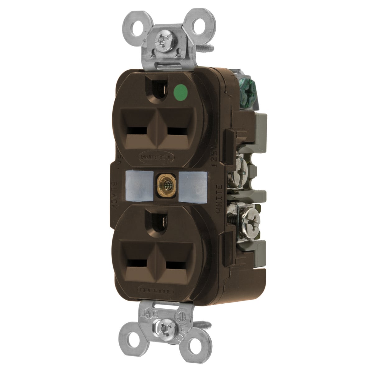 HBL8600 1-Phase Duplex Extra Heavy Duty Self-Grounding Standard Traditional Screw Mount Straight Blade Receptacle, 250 V AC, 15 A, 2 Poles, 3 Wires, Brown