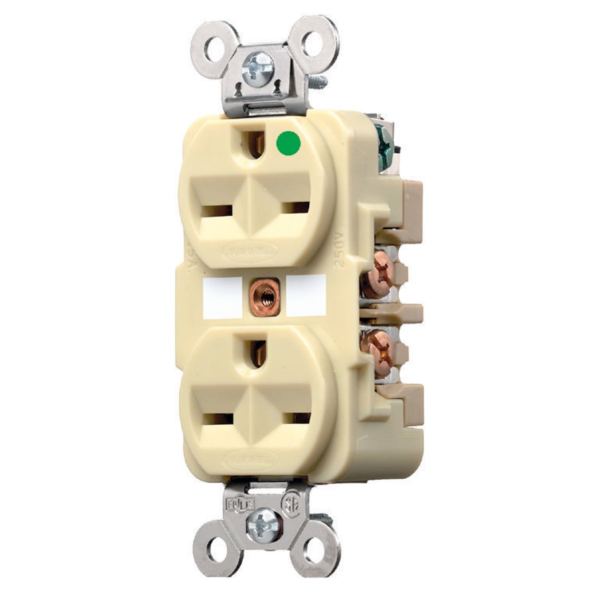 HBL8600I 1-Phase Duplex Extra Heavy Duty Self-Grounding Standard Traditional Screw Mount Straight Blade Receptacle, 250 V AC, 15 A, 2 Poles, 3 Wires, Ivory