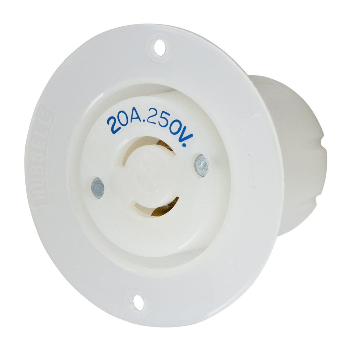 HBL8809C 1-Phase Flanged Non-Grounding Standard Single Screw Mount Locking Receptacle, 250 V AC, 20 A, 2 Poles, 2 Wires, White