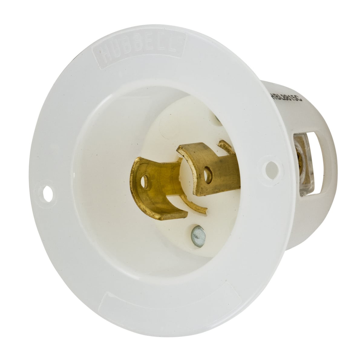 HBL8815C 1-Phase Extra Heavy Duty Non-Grounding Standard Screw Mount Locking Flanged Inlet, 250 V AC, 20 A, 2 Poles, 2 Wires, White
