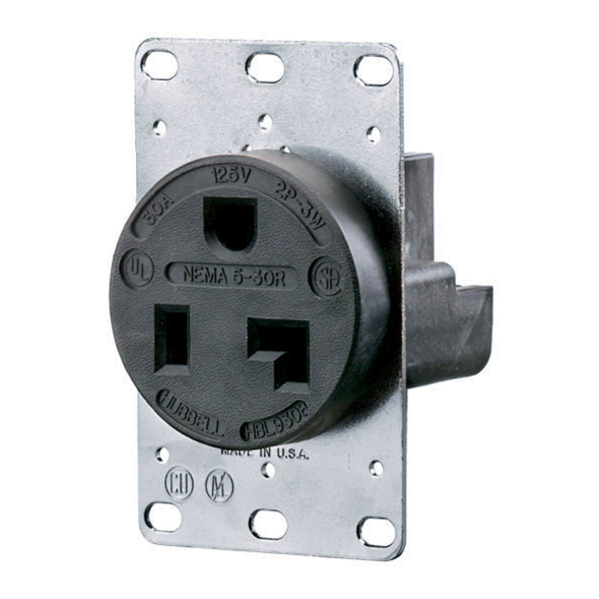 HBL9308 1-Phase Heavy Duty Single Self-Grounding Standard Screw Mount Straight Blade Receptacle, 125 V AC, 30 A, 2 Poles, 3 Wires, Black
