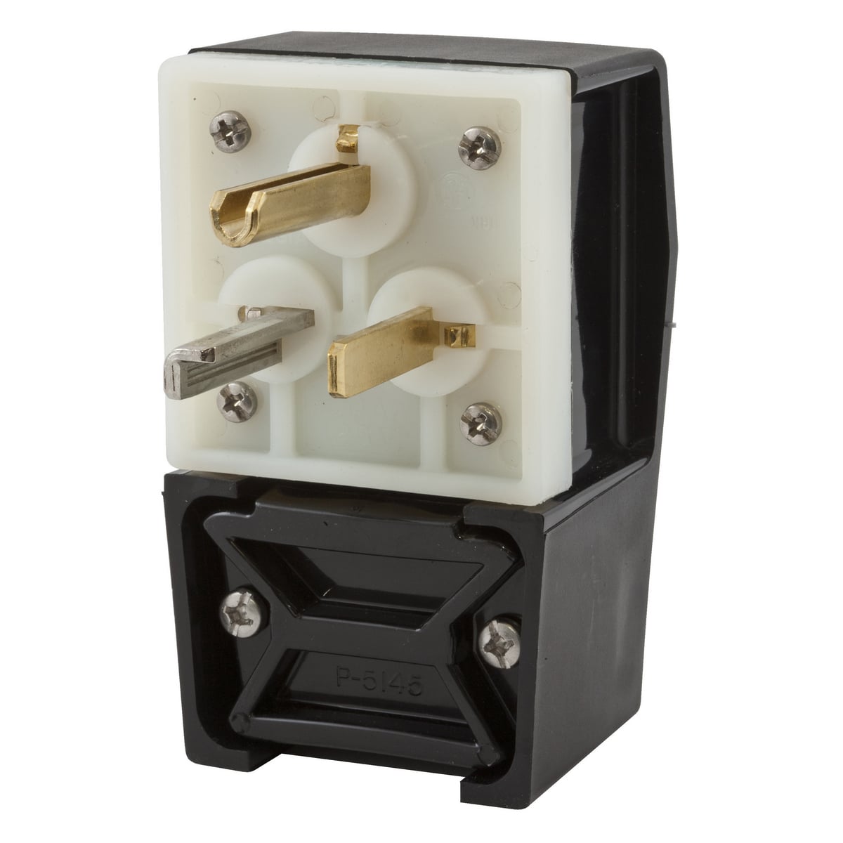 HBL9309 1-Phase Angled Grounding Heavy Duty Male Cord Mount Straight Blade Plug, 125 V AC, 30 A, 2 Poles, 3 Wires, Black