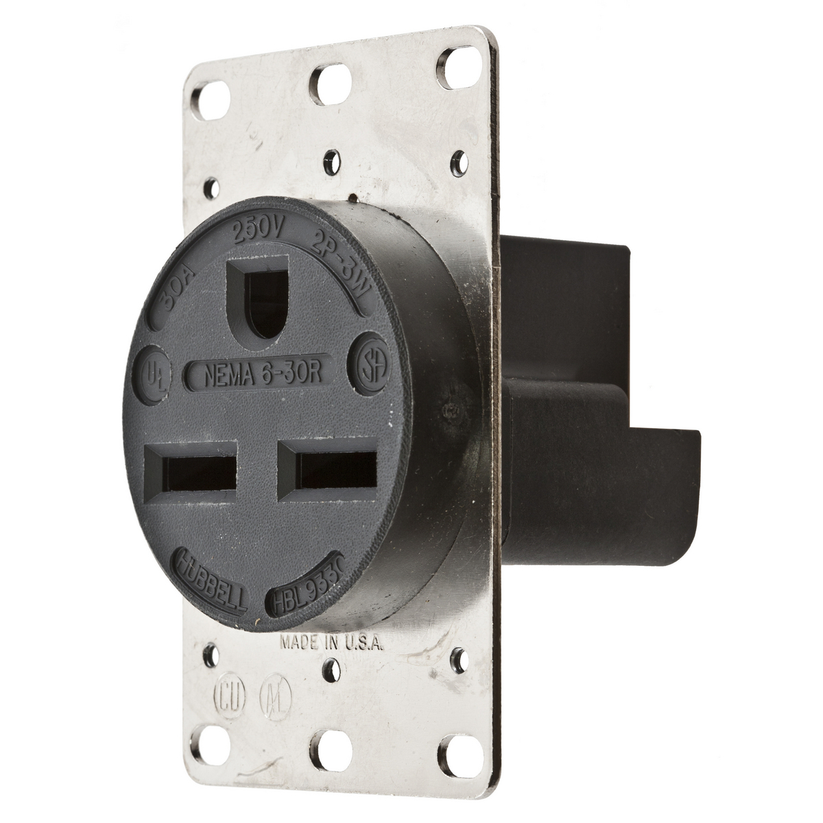 HBL9330 1-Phase Grounding Heavy Duty Standard Single Screw Mount Straight Blade Receptacle, 250 V AC, 30 A, 2 Poles, 3 Wires, Black