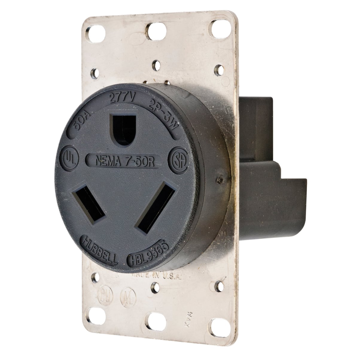 HBL9365 1-Phase Grounding Heavy Duty Standard Screw Mount Straight Blade Receptacle, 277 V AC, 50 A, 2 Poles, 3 Wires, Black