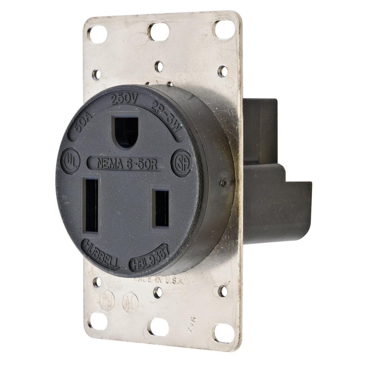 HBL9367 1-Phase Grounding Heavy Duty Standard Single Screw Mount Straight Blade Receptacle, 250 V AC, 50 A, 2 Poles, 3 Wires, Black