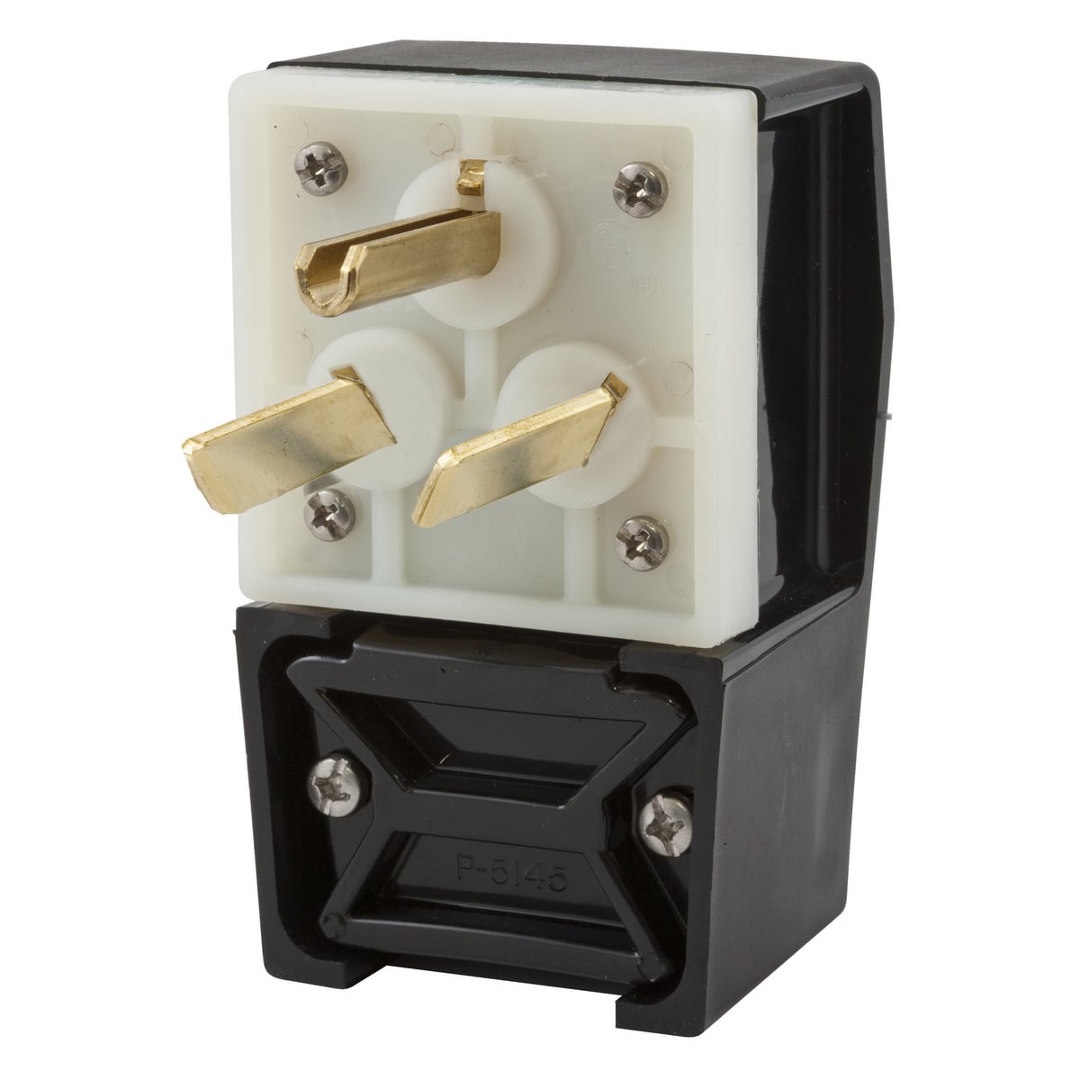 HBL9379 1-Phase Angled Grounding Heavy Duty Male Cord Mount Straight Blade Plug, 277 V AC, 50 A, 2 Poles, 3 Wires, Black