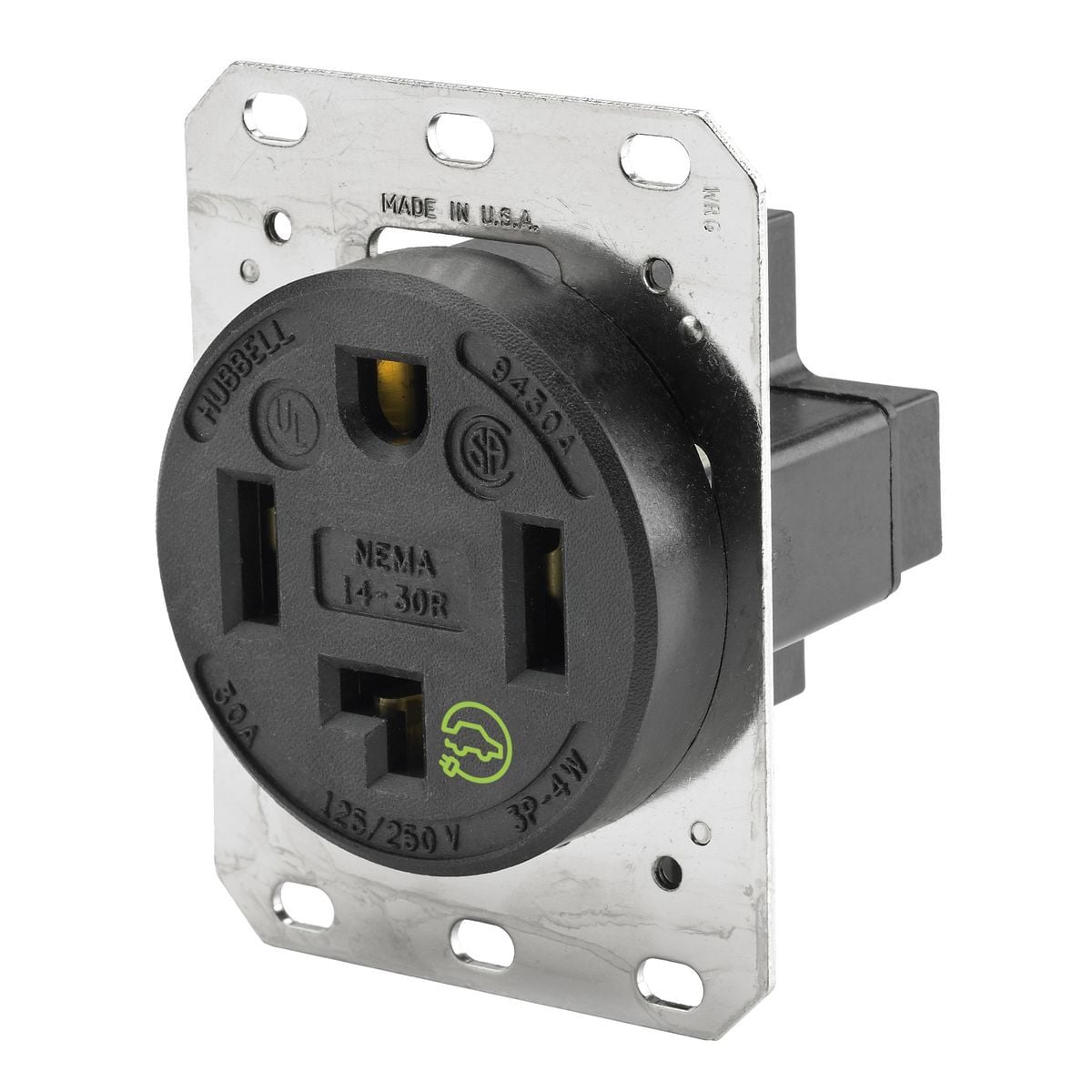 HBL9430A HBL 1-Phase Grounding Heavy Duty Standard Single Screw Mount Straight Blade Receptacle, 125/250 V AC, 30 A, 3 Poles, 4 Wires, Black