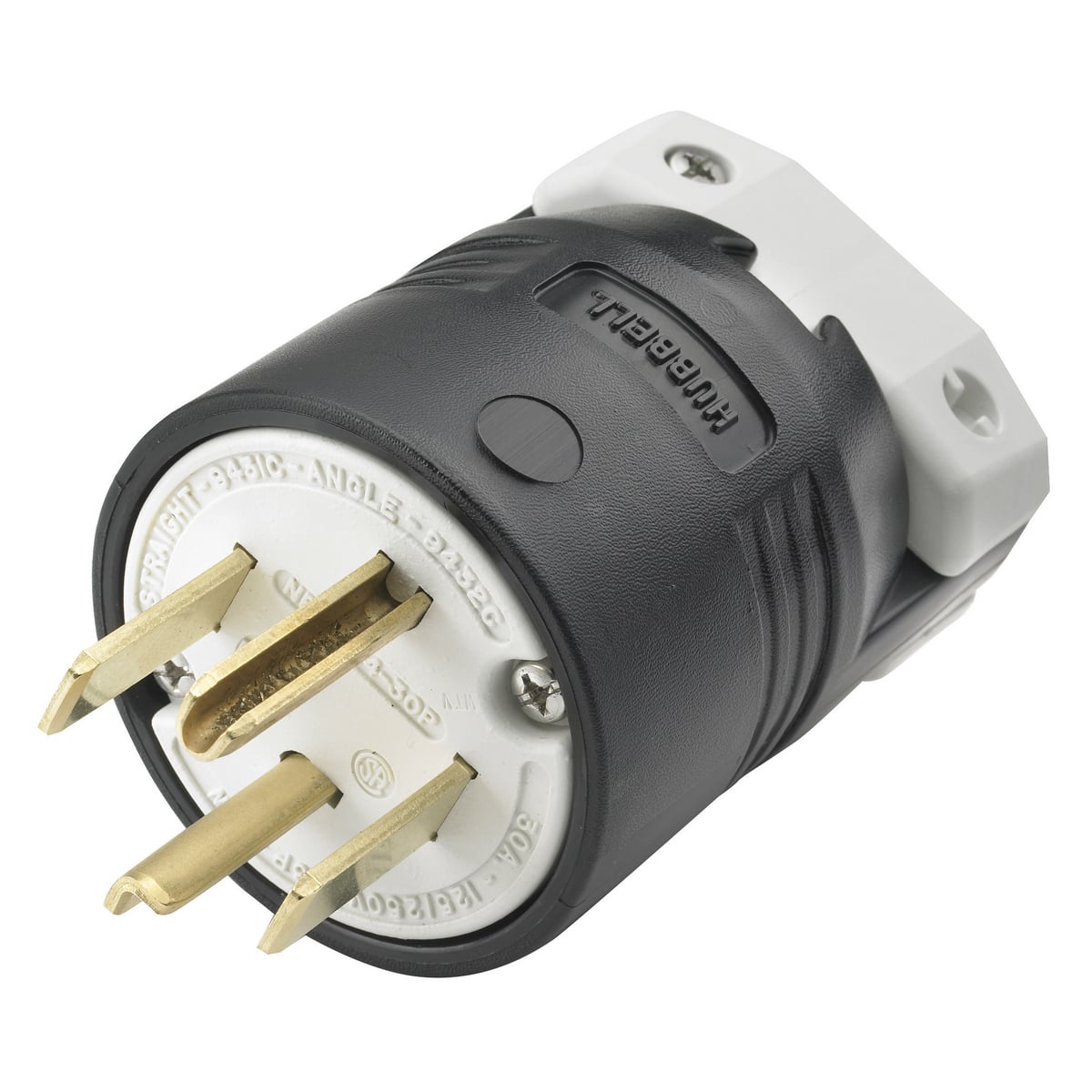HBL9431C 1-Phase Grounding Standard Cord Mount Straight Blade Plug, 125/250 V AC, 30 A, 3 Poles, 4 Wires, Black