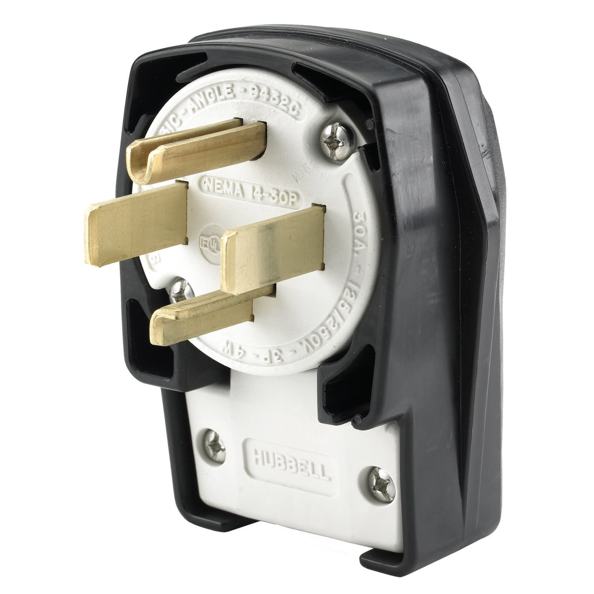 HBL9432C 1-Phase Angled Grounding Heavy Duty Male Cord Mount Straight Blade Plug, 125/250 V AC, 30 A, 3 Poles, 4 Wires, Black