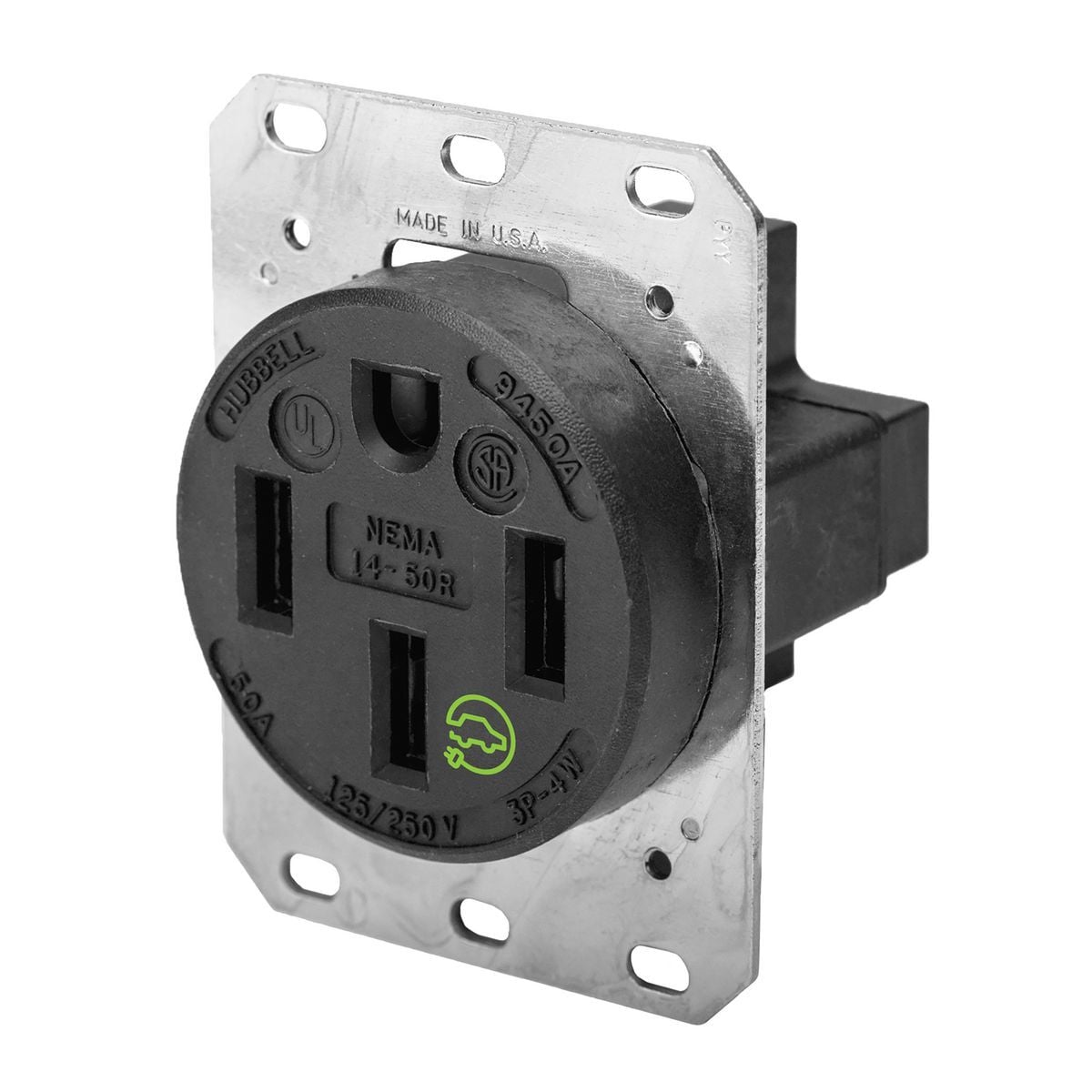 HBL9450A 1-Phase Grounding Heavy Duty Standard Single Screw Mount Straight Blade Receptacle, 125/250 V AC, 50 A, 3 Poles, 4 Wires, Black