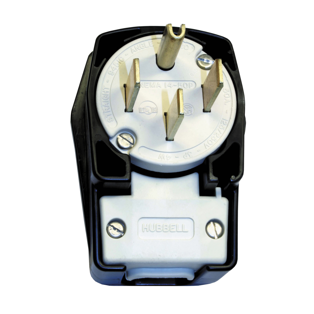 HBL9452C 1-Phase Grounding Standard Cord Mount Straight Blade Plug, 125/250 V AC, 50 A, 3 Poles, 4 Wires, Black