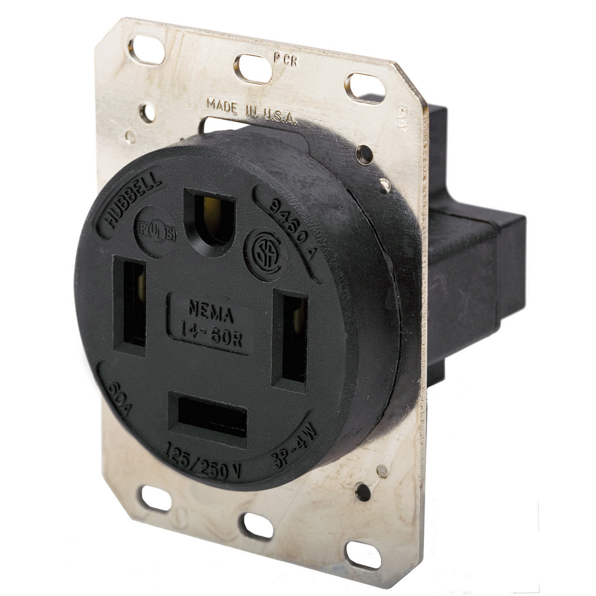 HBL9460A 1-Phase Grounding Heavy Duty Standard Single Screw Mount Straight Blade Receptacle, 125/250 V AC, 60 A, 3 Poles, 4 Wires, Black