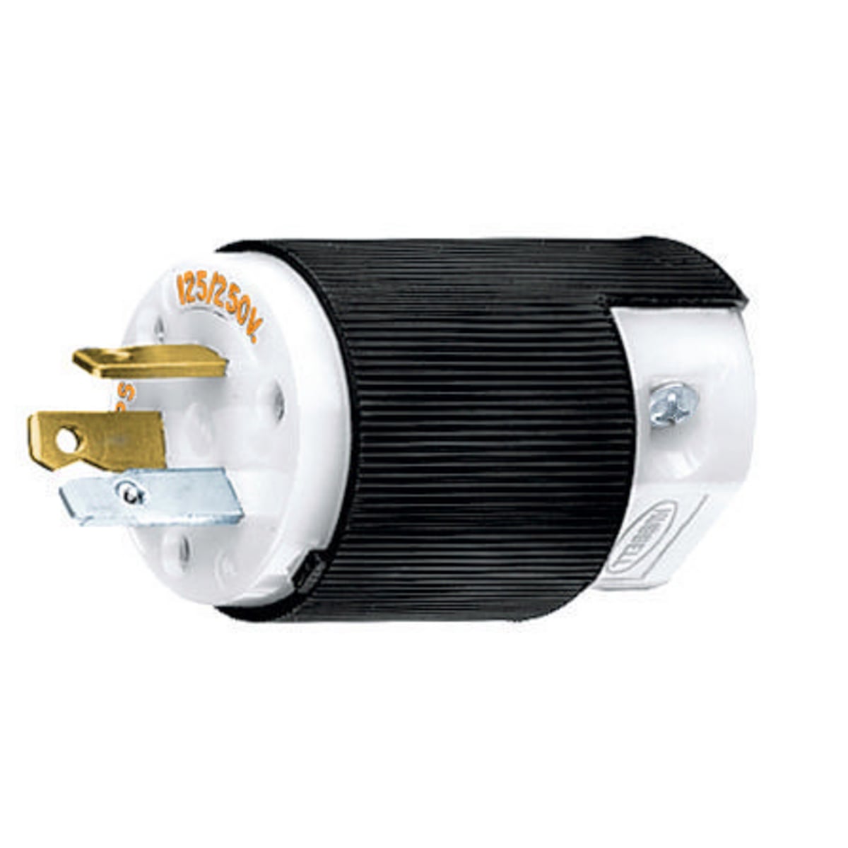 HBL9977C 1-Phase Angled Heavy Duty Male Non-Grounding Cord Mount Straight Blade Plug, 125/250 V AC, 20 A, 3 Poles, 3 Wires, Black