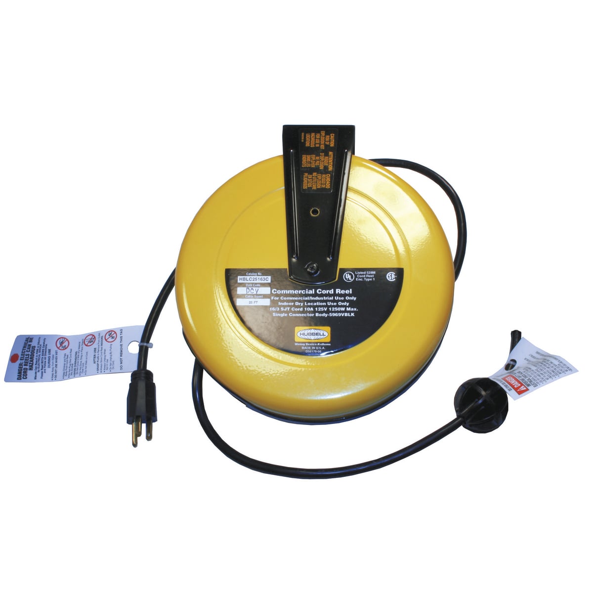 HBLC25163 Heavy Duty Cord Reel, 125 V AC, 10 A, 25 ft L Cord, 16 to 3 AWG Conductor