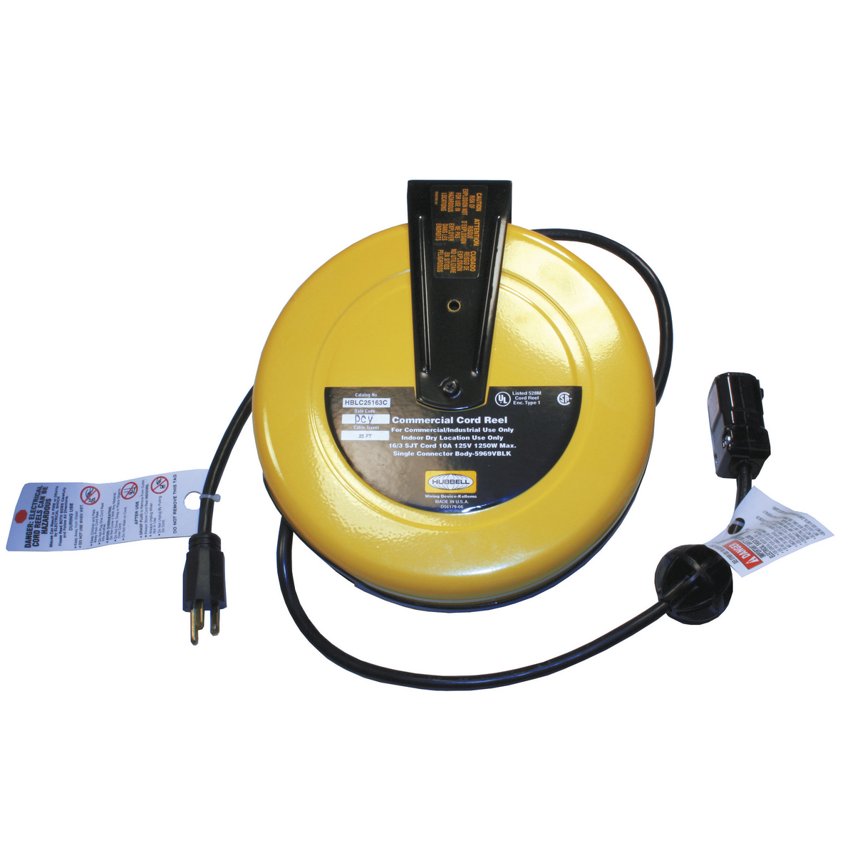 HBLC25163C Heavy Duty Cord Reel With HBL5969VBLK Connector, 125 V AC, 0.41 A, 25 ft L Cord, 16 to 3 AWG Conductor