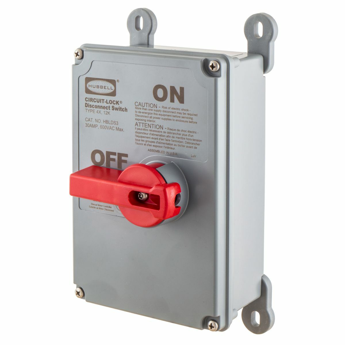HBLDS6 2-Position Labelless Unfused Standard Disconnect Switch, 600 V, 60 A, 40 hp, 2-Position Contact, 3 Poles